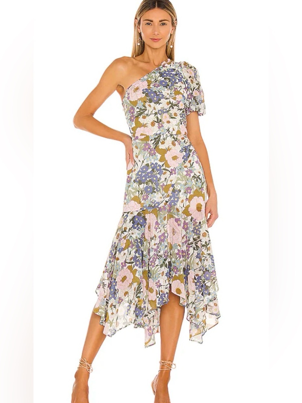 ASTR the Label Santorini One Shoulder Floral Midi Dress Size Small